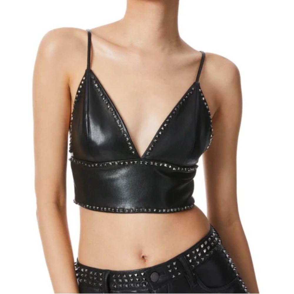 Alice + Olivia Black Leather Top with Stud Accents